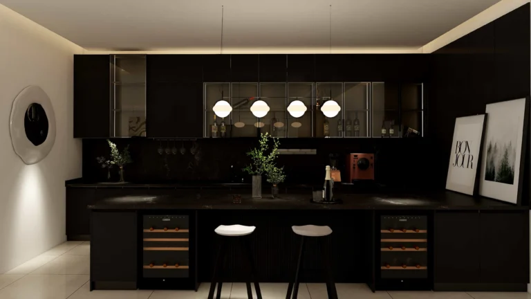 modern matte black kitchen cabinets with clean lines and minimalist open layout