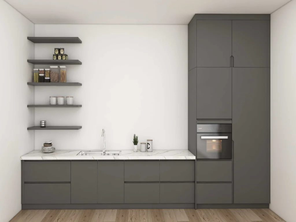 Matte grey kitchen cabinets with black fixtures and soft stone countertop.