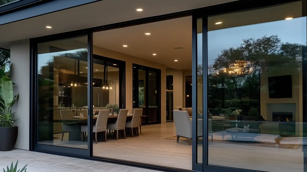 Modern aluminum sliding door opening to a bright dining area with sleek frames and energy-efficient glass panels.