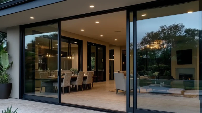 Modern aluminum sliding door opening to a bright dining area with sleek frames and energy-efficient glass panels.