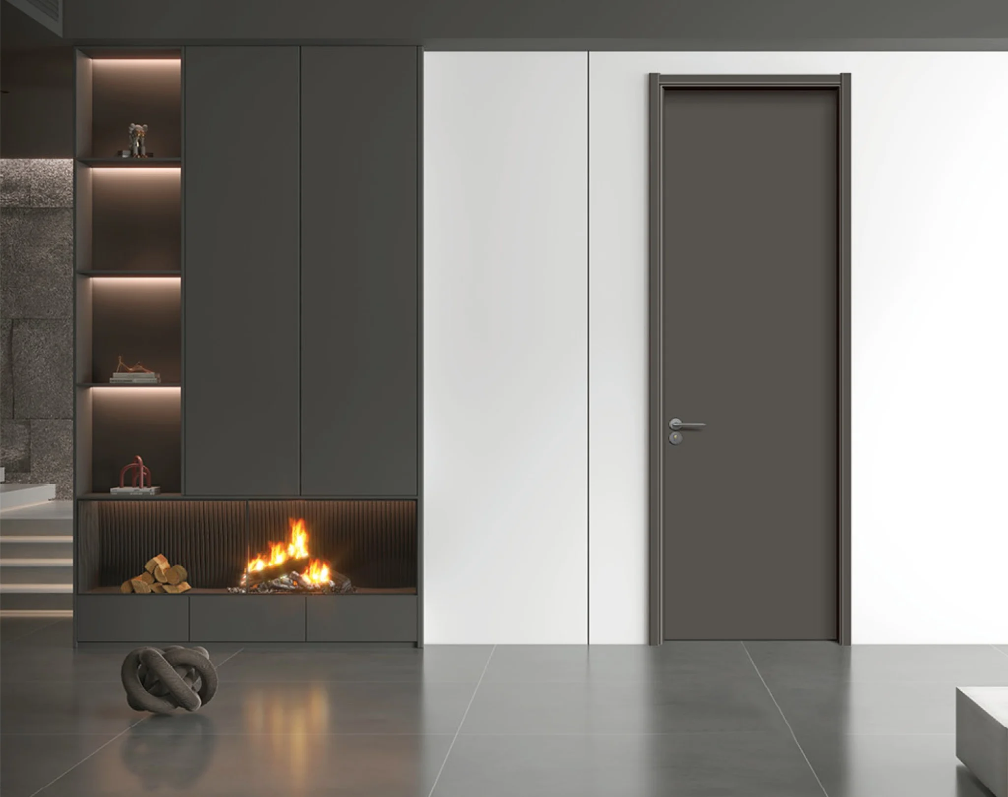 Modern wooden interior door beside a fireplace in minimalist living room, showing clean lines and warm tones.