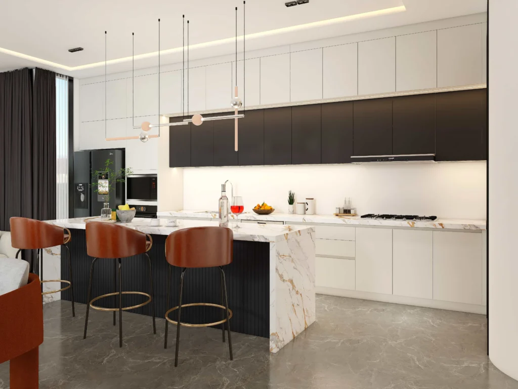 compact kitchen with black cabinet accents and bright white walls