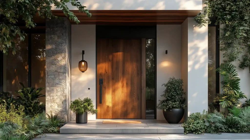 Solid wooden front door surrounded by natural plants and stone wall, adding warmth and timeless charm to the villa.