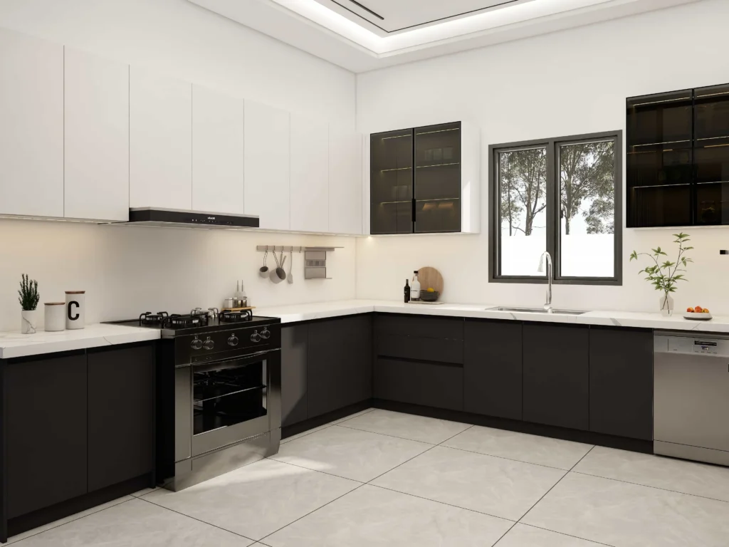 Two tone white and grey kitchen cabinets with marble island in minimalist modern style.