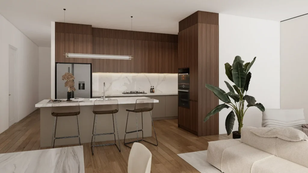 A sleek kitchen showcasing luxury dark brown kitchen cabinets with marble counters and bold black fixtures for a modern effect.