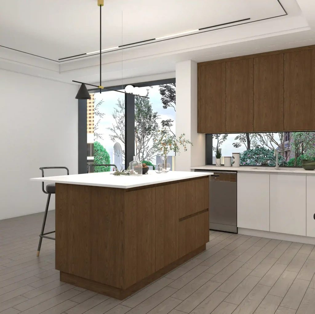 9. contrasting brown kitchen cabinets island