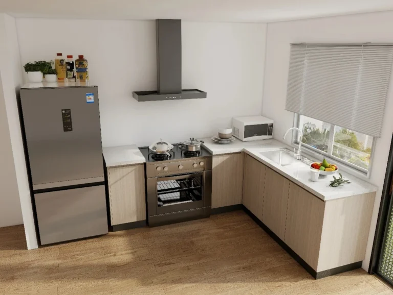 Clutter on top of refrigerator in Modern Small Kitchen