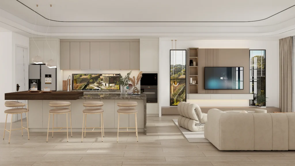 Matte finishes greige white two-tone lacquer kitchen cabinets with island in whole home design