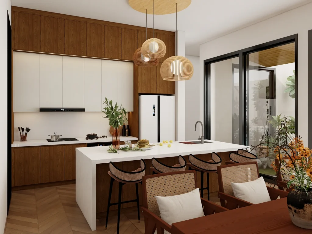 Modern kitchen with melamine cabinets white and warm oak wood veneer sleek design bright space minimalist style