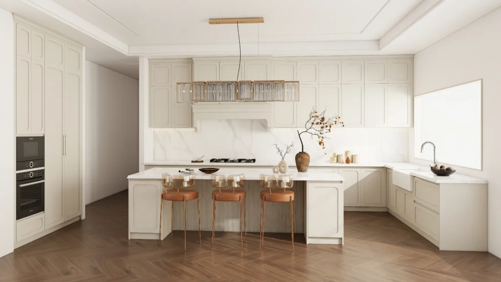 Shaker and other decorative designs cream and gerige kitchen cabinets with island