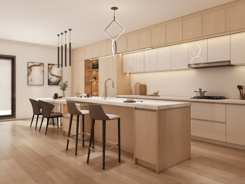 Warm White Oak Kitchen Cabinets Lacquer Design with island full view