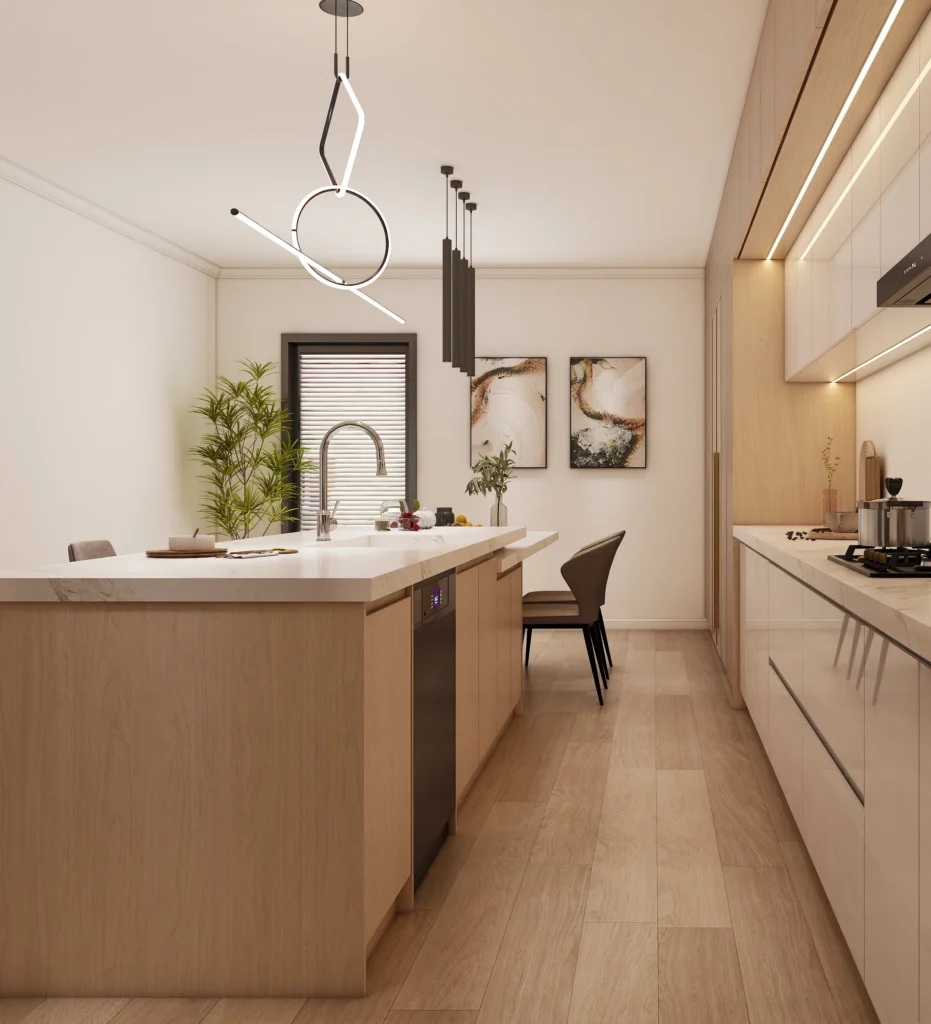 Warm White Oak Kitchen Cabinets Lacquer Design with island right view