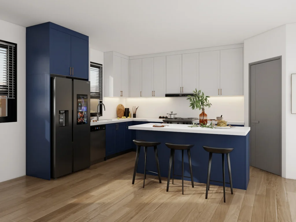 blue and white kitchen cabinets creating a balanced two tone layout with bright visual impact