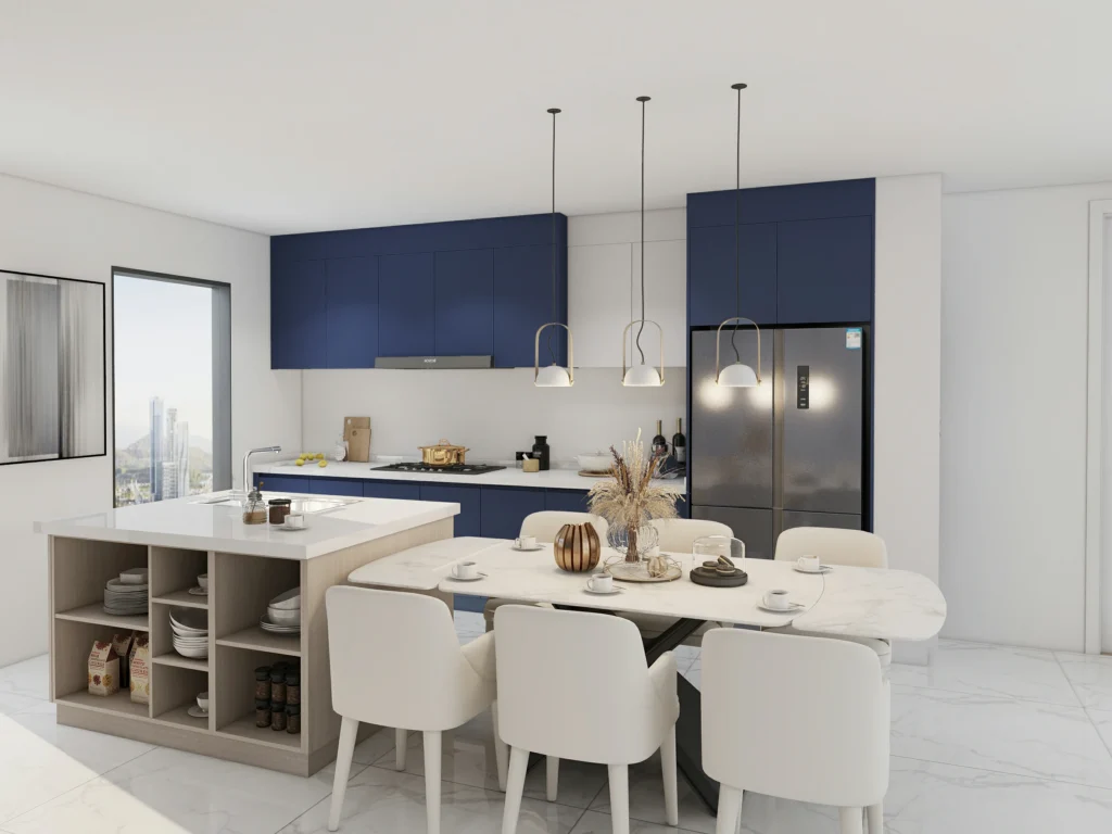 blue gray kitchen cabinets paired with light wood for a minimalist Scandinavian kitchen