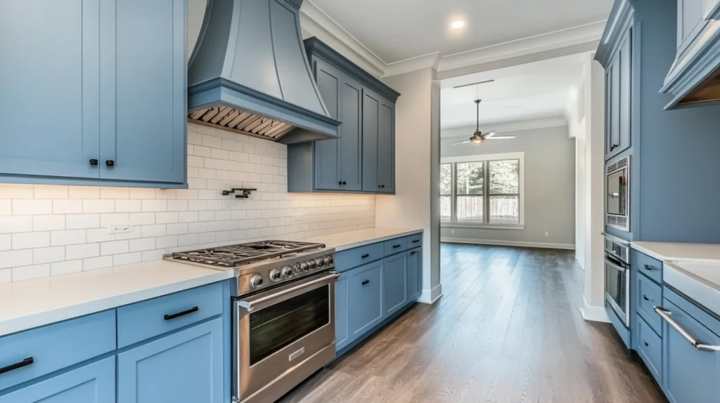 blue kitchen cabinets accented with black fixtures for a bold contemporary kitchen look