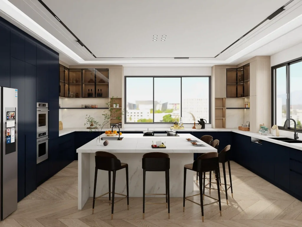 blue kitchen cabinets with glass front doors adding transparency and elegant display space