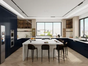 blue kitchen cabinets with glass front doors adding transparency and elegant display space