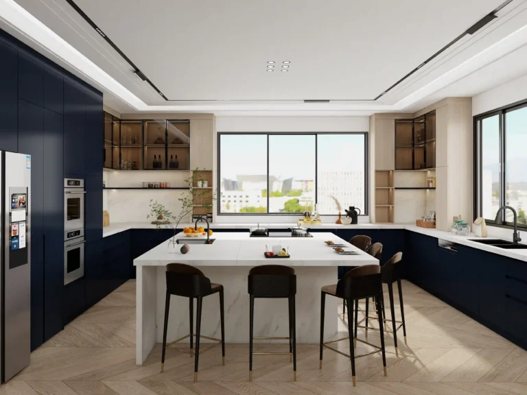 blue kitchen cabinets with glass front doors adding transparency and elegant display space