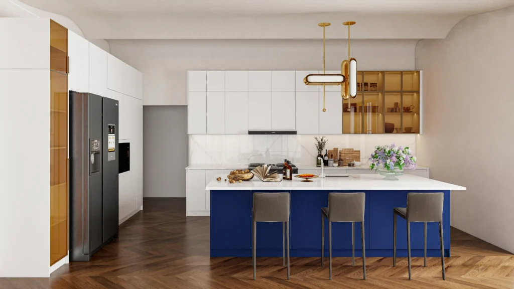 blue kitchen cabinets featured on a bold island centerpiece adding strong visual focus