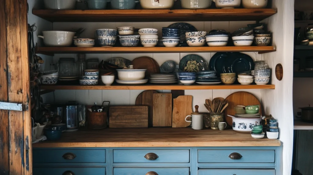 blue kitchen cabinets with distressed vintage finish adding rustic charm and character