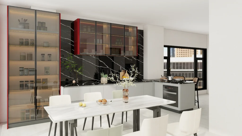 Glass-front luxury kitchen cabinets with LED lighting showcasing elegant tableware