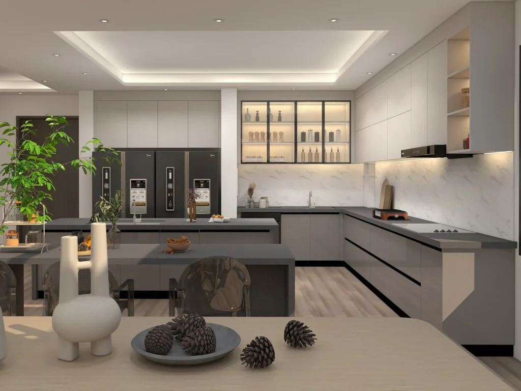 gray and white matte lacquer kitchen cabinets with open shelves glass goor island in modern room