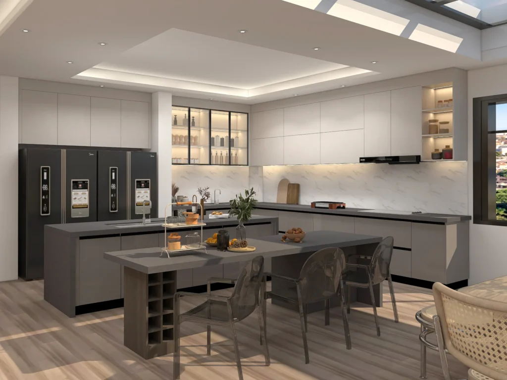 gray and white matte lacquer kitchen cabinets with open shelves glass goor island in modern room front view