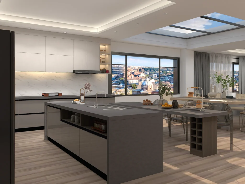 gray and white matte lacquer kitchen cabinets with open shelves glass goor island in modern room near by living room