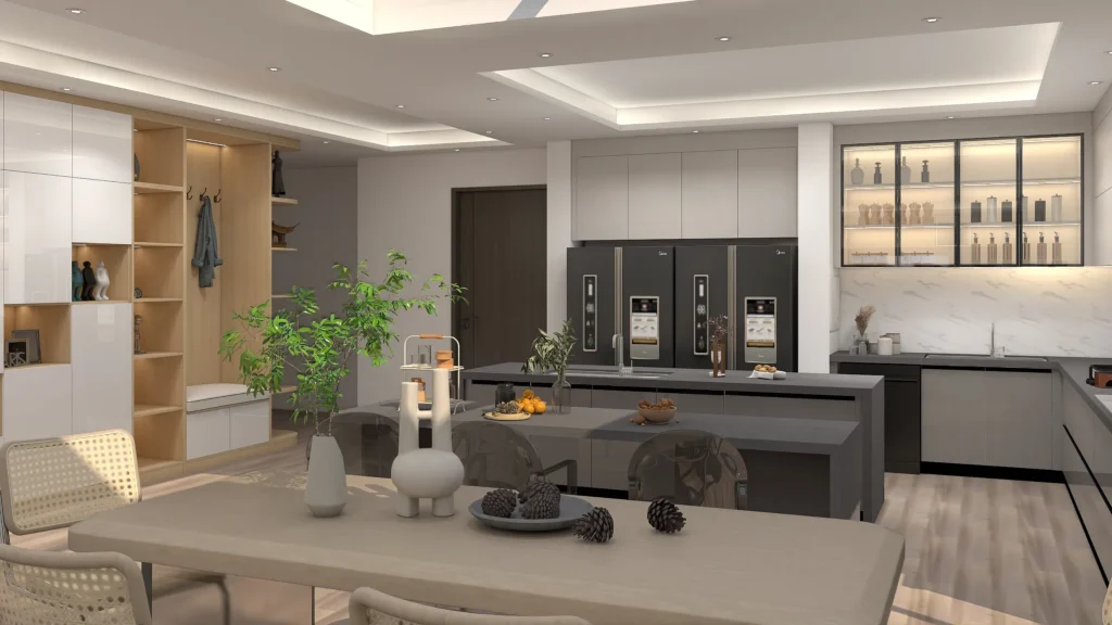 gray and white matte lacquer kitchen cabinets with open shelves glass goor island in modern room near by storage cabinets