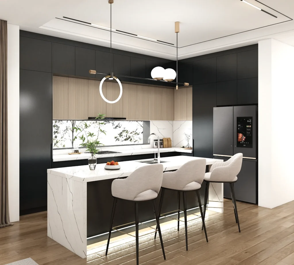 Sleek handleless luxury kitchen cabinets with push-to-open drawers and minimal lines.
