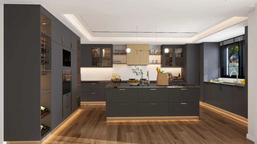 Hidden appliance luxury kitchen cabinets with built-in refrigerator and oven panels.