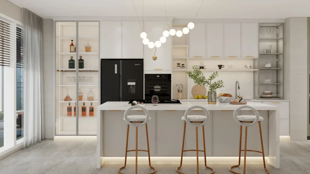 Hidden pantry behind large luxury kitchen cabinet panels with sleek design.