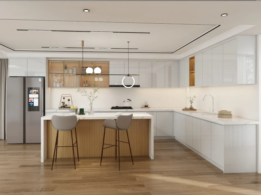 high-gloss lacquer white and gold kitchen cabinets with glass door