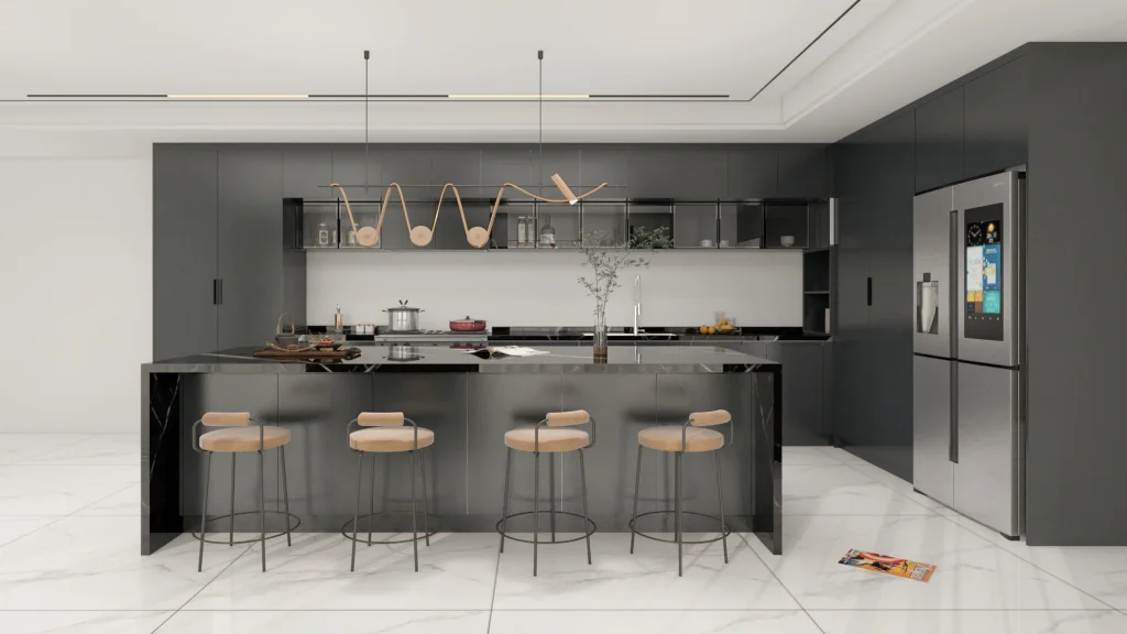 A luxury kitchen with high-gloss lacquer cabinets reflecting light and paired with marble countertops.