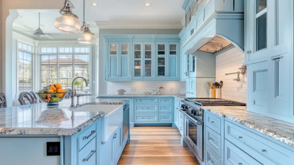 light blue kitchen cabinets styled with coastal elements for a fresh beach inspired kitchen