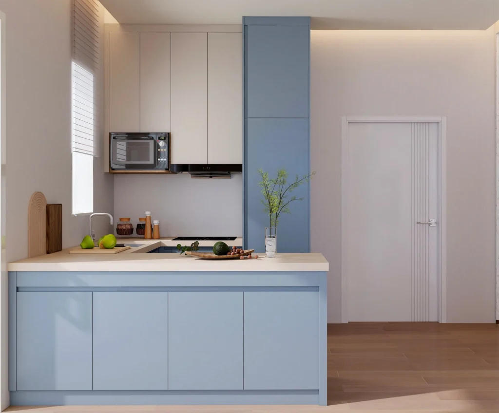 light blue kitchen cabinets paired with bright white countertops for a fresh clean kitchen look