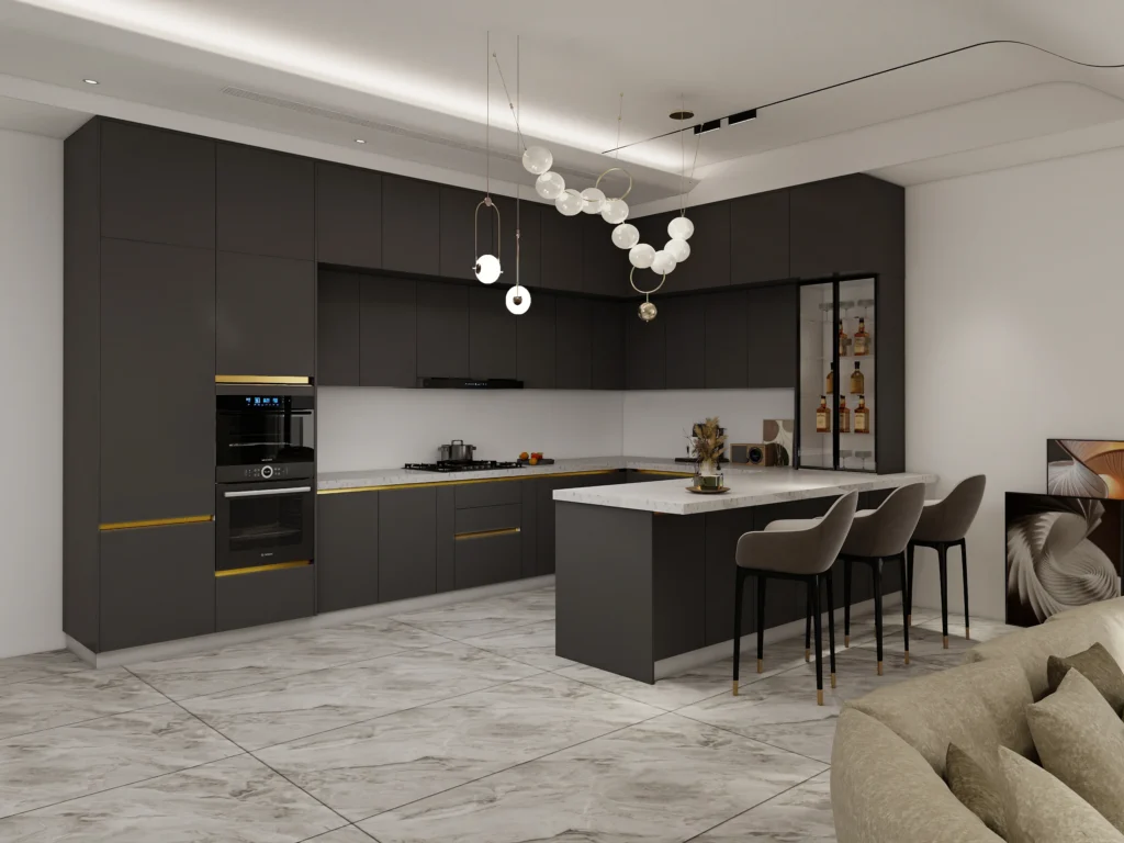 Matte black luxury kitchen cabinets with brass handles and white marble surfaces.