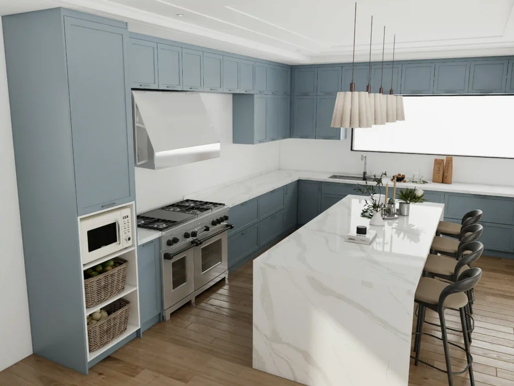 modern blue kitchen cabinets with shaker doors offering a classic clean profile