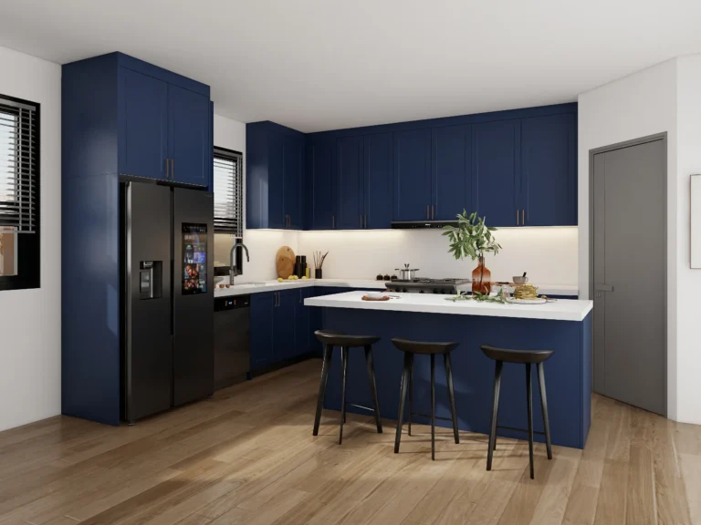 navy blue kitchen cabinets with gold handles creating a modern and elegant kitchen atmosphere