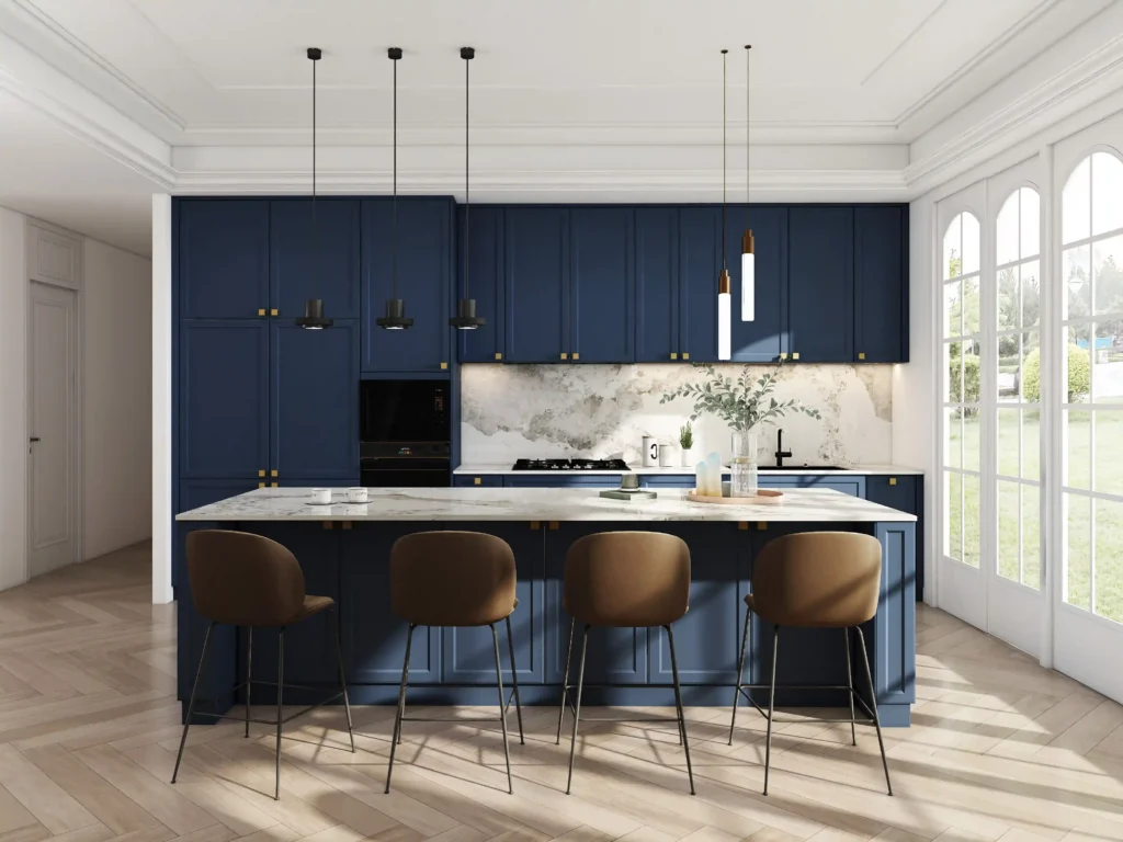 navy blue kitchen cabinets with matte finish paired with elegant marble countertops