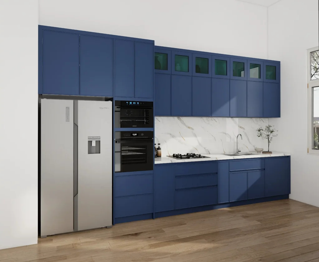navy blue kitchen cabinets designed as full height storage wall providing modern organization
