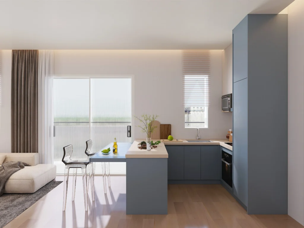 sky blue color customization matte finish lacquer kitchen cabinets in a warm home