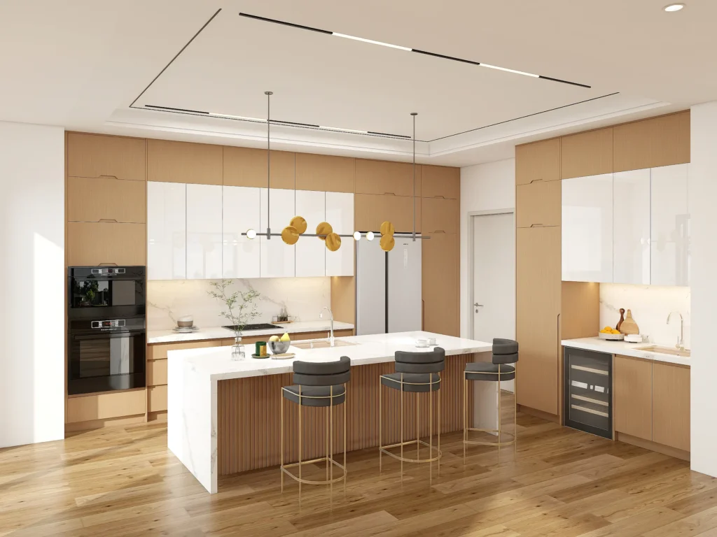 Floor-to-ceiling luxury kitchen cabinets with integrated lighting and seamless doors.