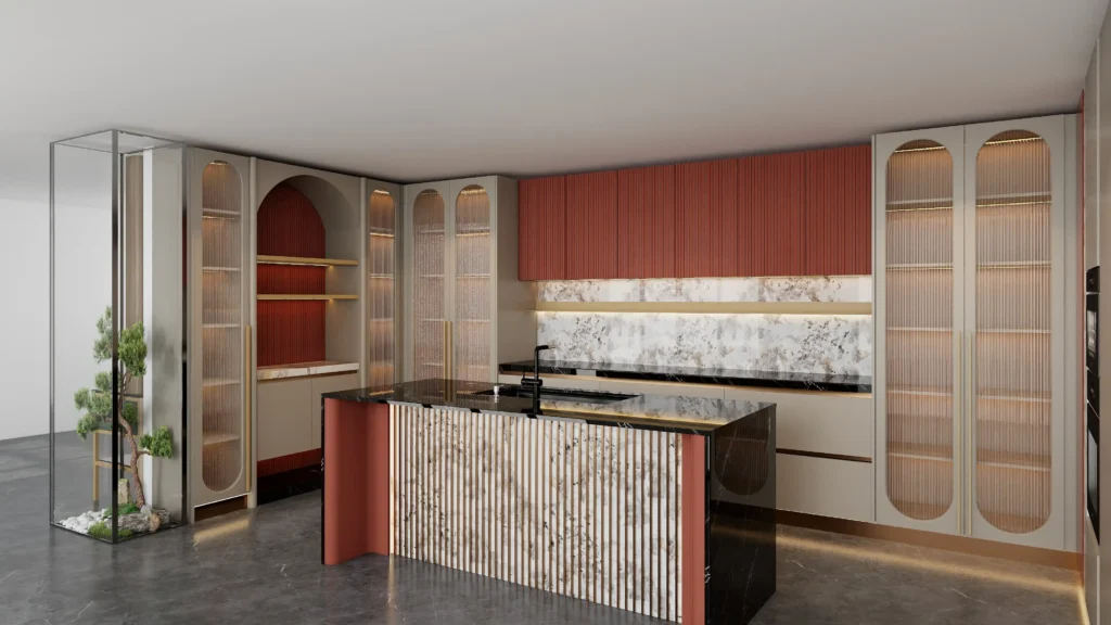 Textured wood veneer luxury kitchen cabinets with ribbed vertical surfaces.