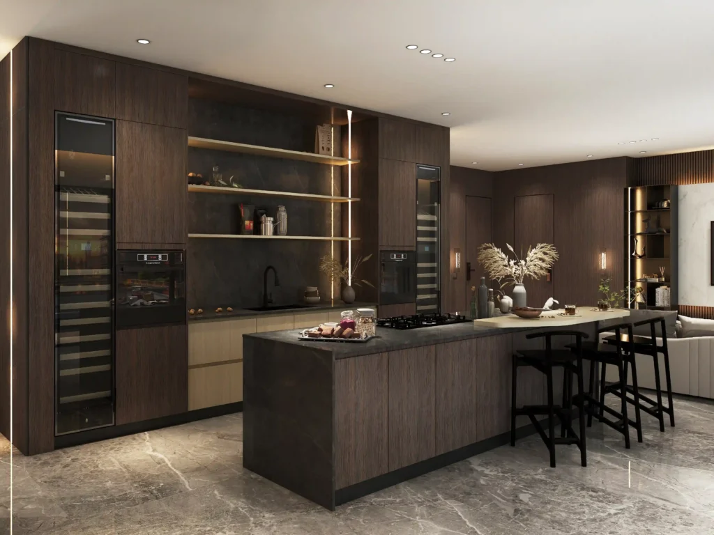 Luxury kitchen cabinets made of walnut wood with rich grain and soft lighting.