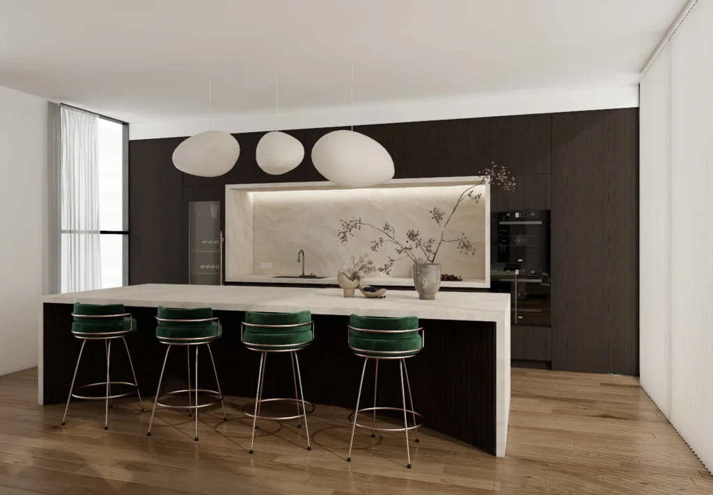 Luxury kitchen island with waterfall marble countertop and sleek integrated cabinets.