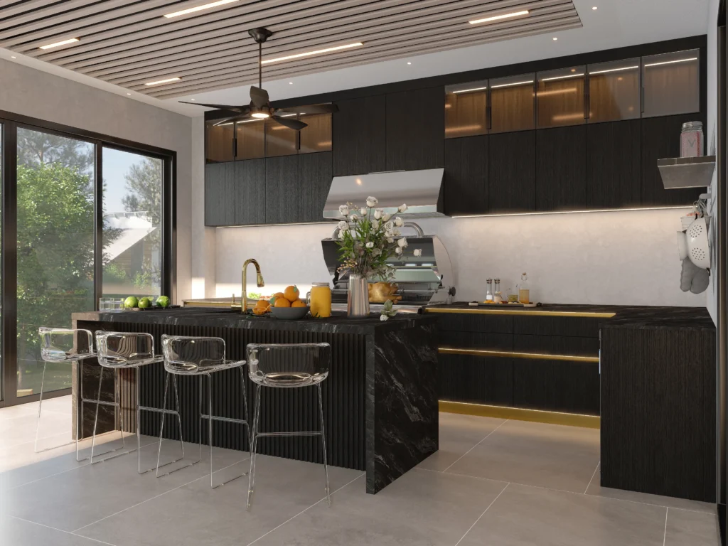 Black Wood grain melamine modern kitchen cabinet
