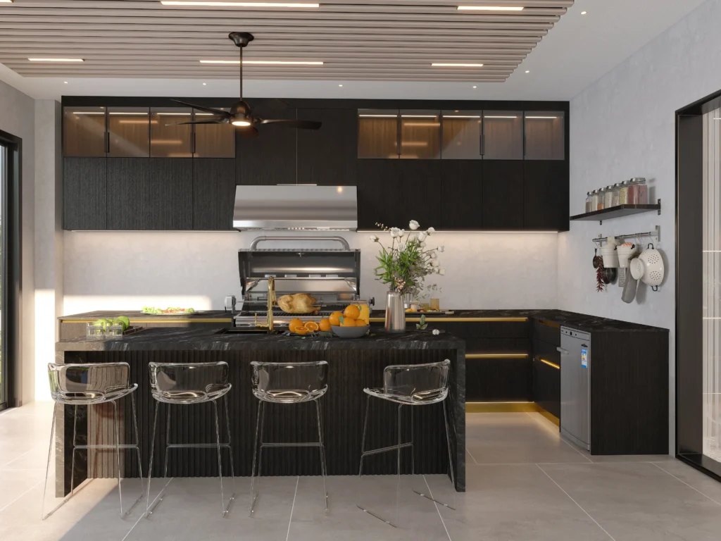 Black Wood grain melamine modern kitchen cabinets front view