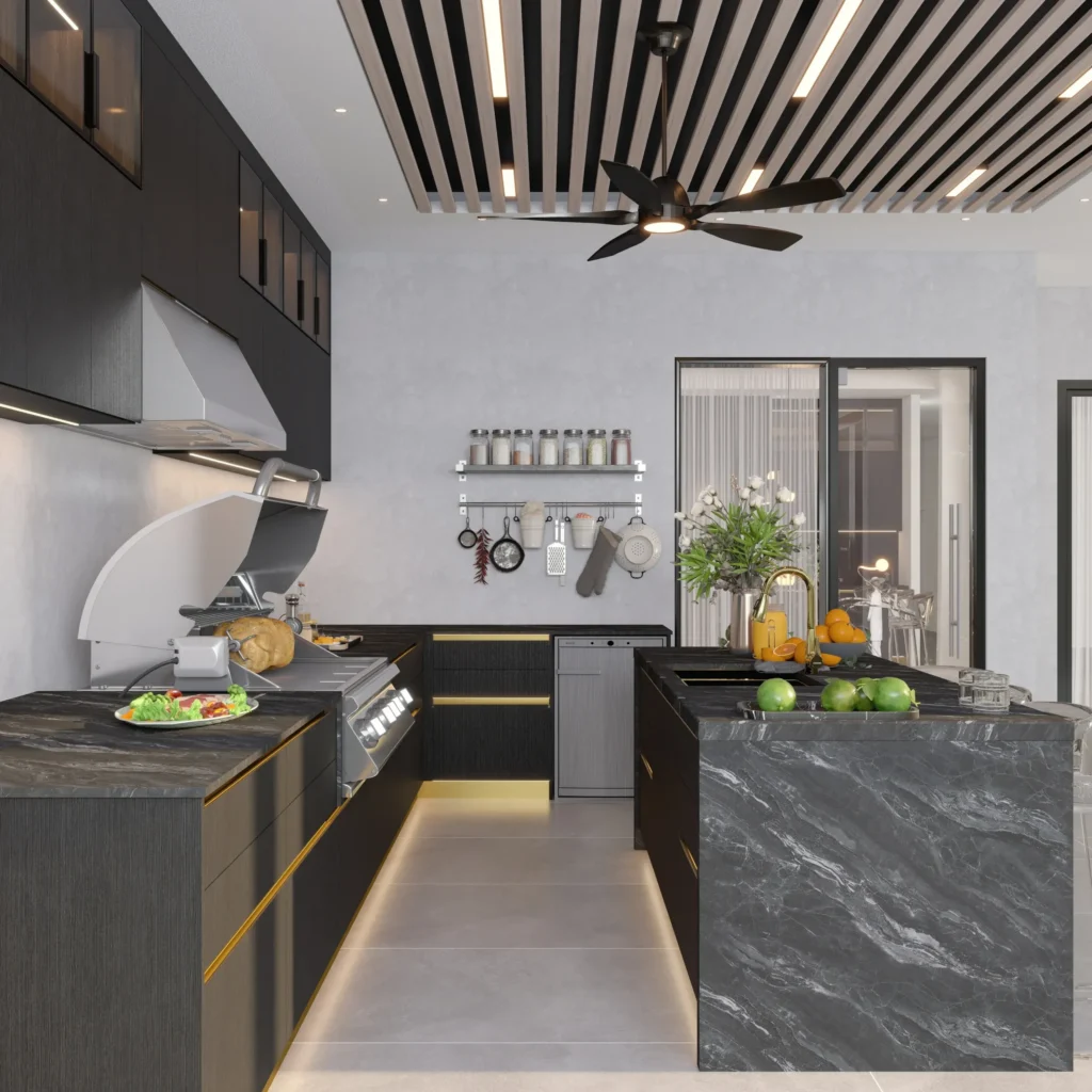 Black Wood grain melamine modern kitchen cabinets side view scaled
