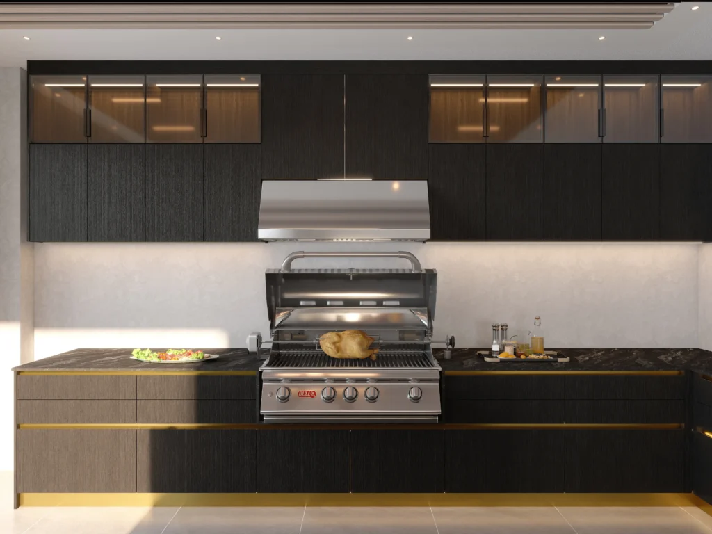 Black Wood grain melamine modern kitchen cabinets wall storage space